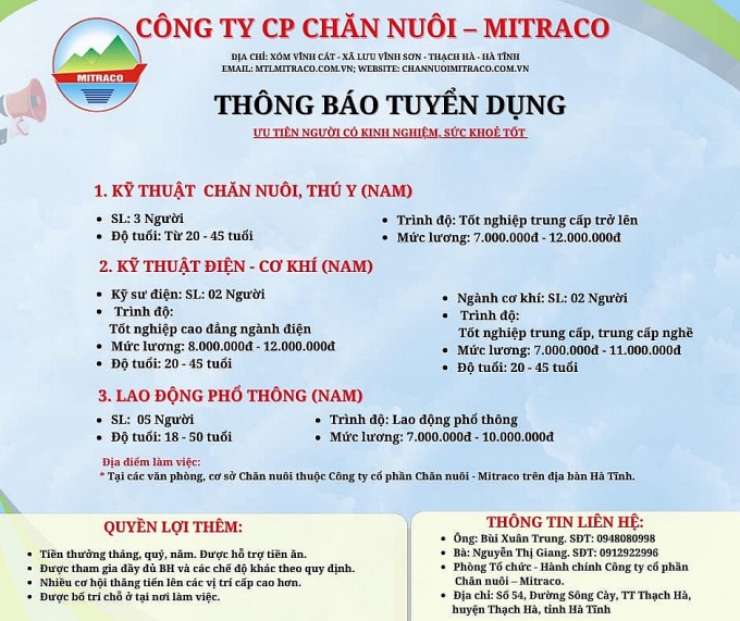 Công ty CP Chăn nuôi Mitraco tuyển dụng lao động nam