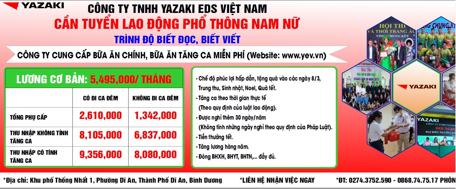 Công ty Trách Nhiệm Hữu Hạn Yazaki EDS VN tuyển chọn 600 làm việc phổ thông