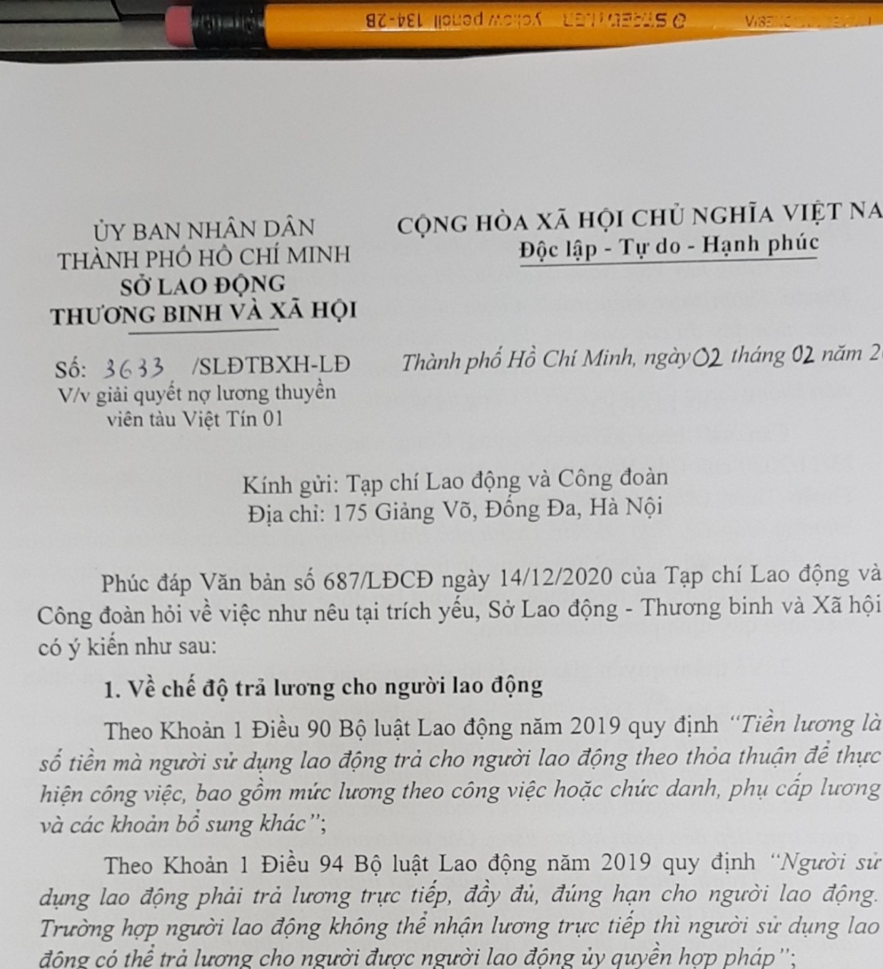 "Công ty Thuận Thiên có trách nhiệm phải trả nợ lương thuyền viên tàu Việt Tín 01"