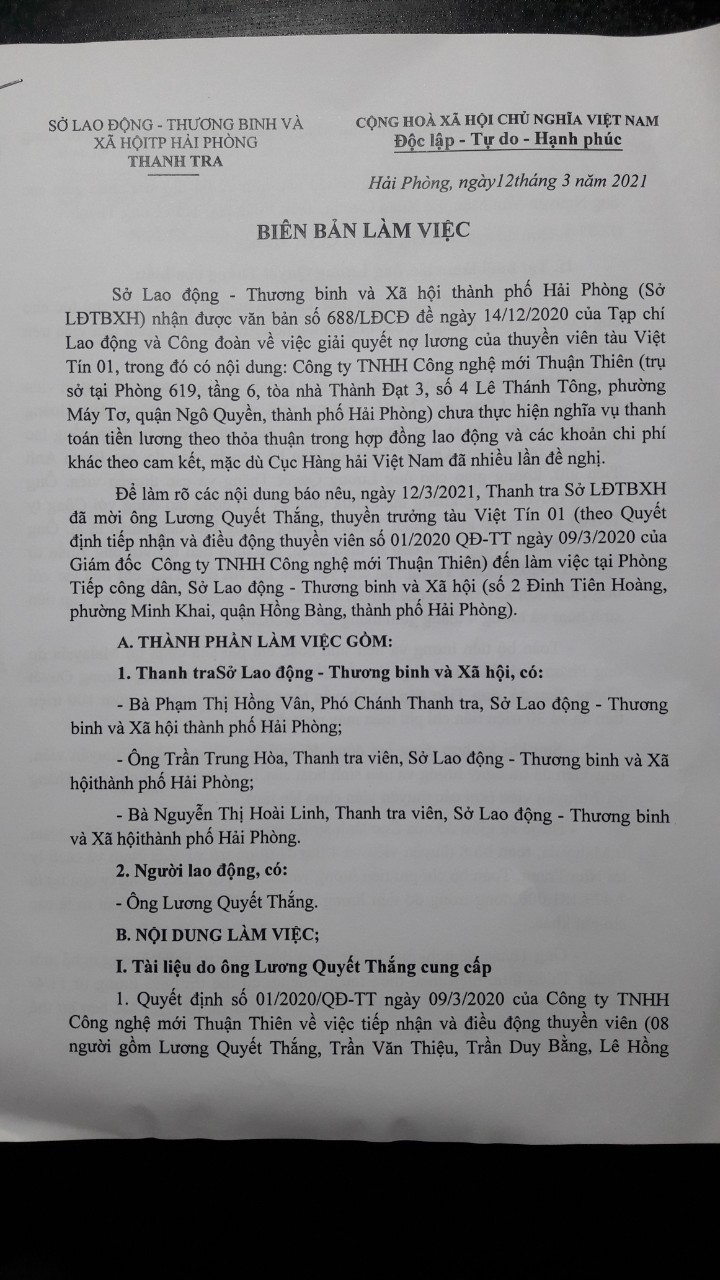 Vụ nợ lương thuyền viên tàu Việt Tín 01: Công ty đề xuất trả lương 1,8 triệu đồng/tháng