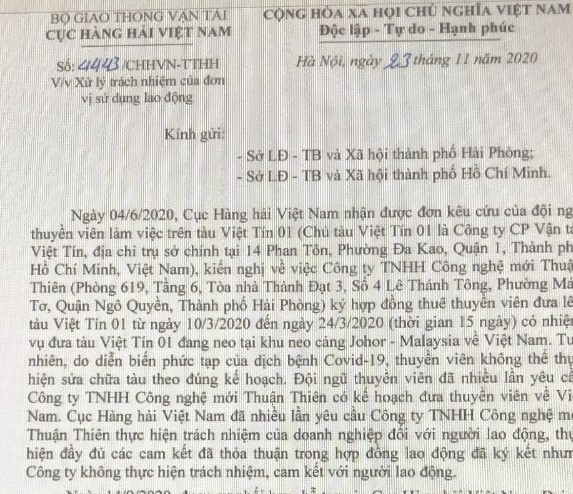 Đề nghị Thanh tra Lao động vào cuộc vụ nợ lương thuyền viên tàu Việt Tín 01