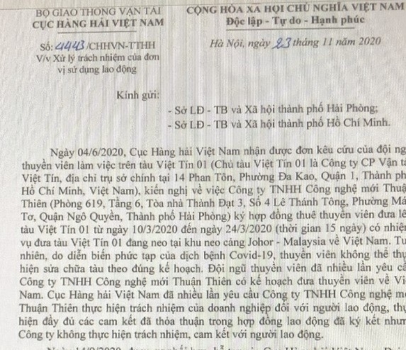 Thụ lý, giải quyết khiếu nại nợ lương của thuyền viên tàu Việt Tín 01