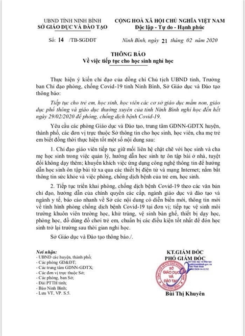 ninh binh tiep tuc cho hoc sinh nghi hoc den het thang 2