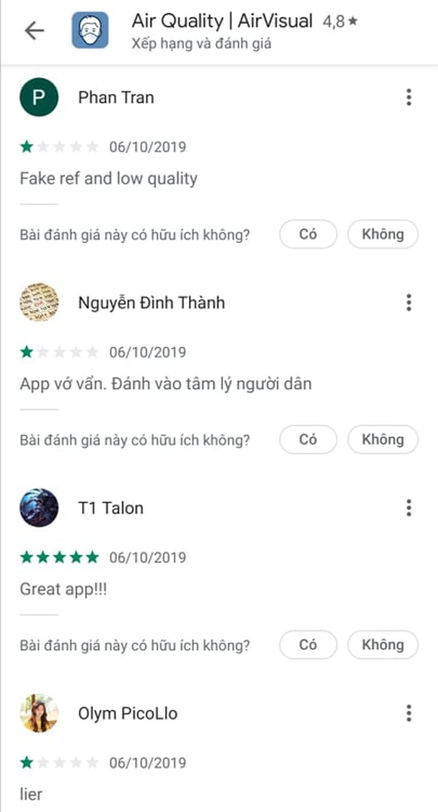 ung dung do chat luong khong khi airvisual chan nguoi dung viet nam