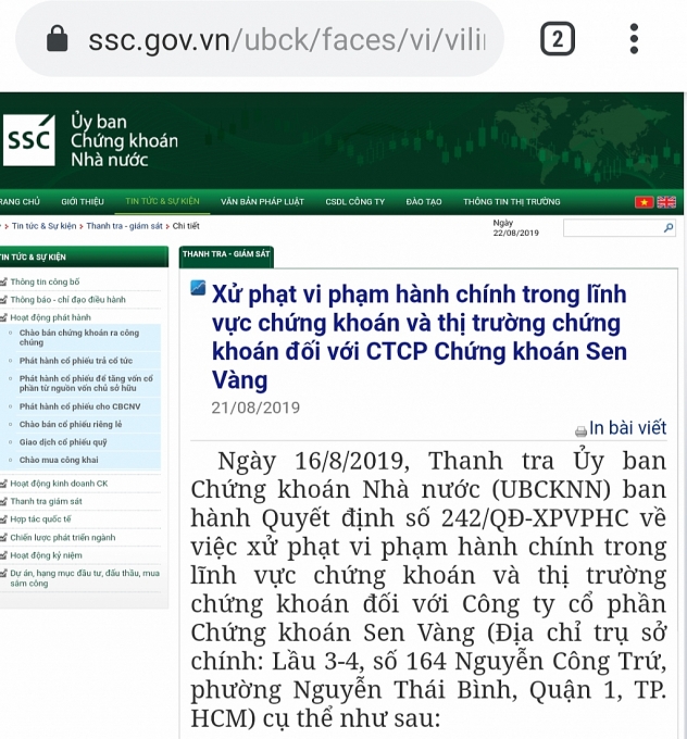 cong ty co phan chung khoan sen vang bi xu phat 185 trieu dong